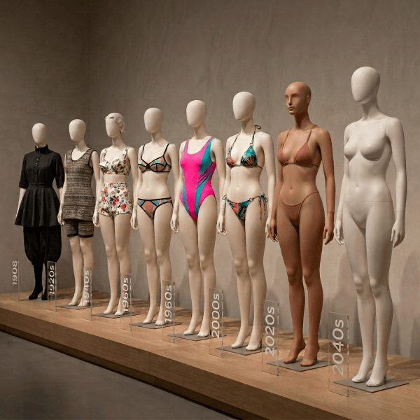 Mannequins displaying swimwear styles labeled from 1908 through the 2040s